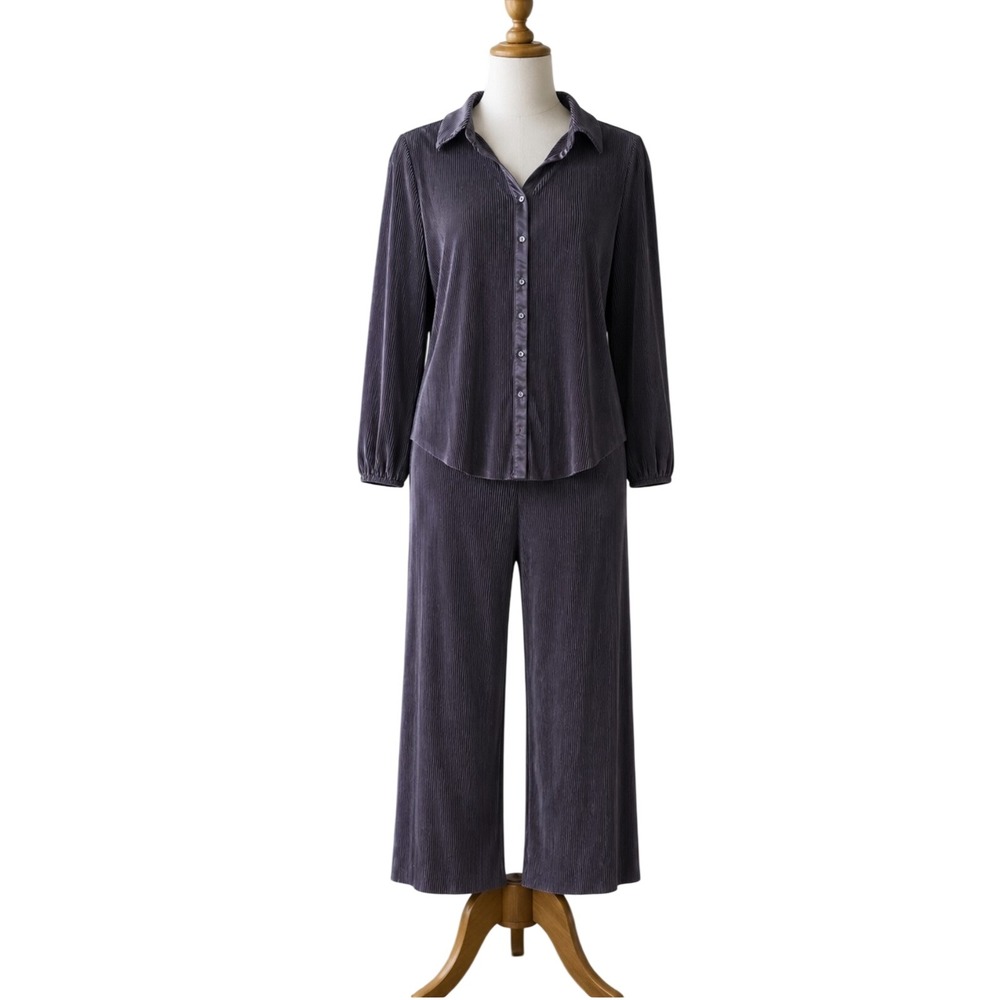 NEW RO&DE Women Charcoal Plisse Co-ord Set Button Down Shirt Wide Leg Pants XS